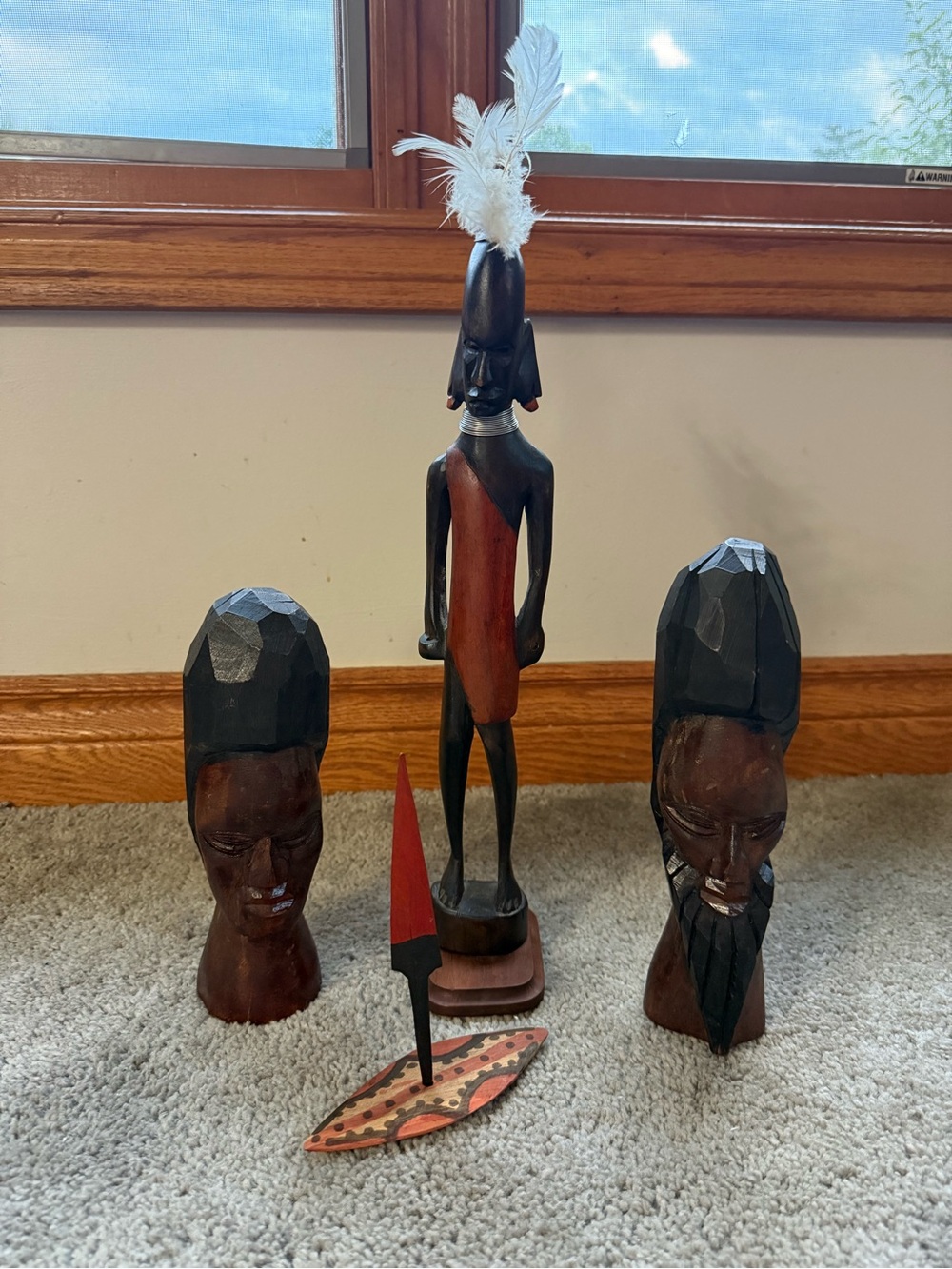 Hand-Carved Wooden Tribal Sculpture Set in Black and Brown